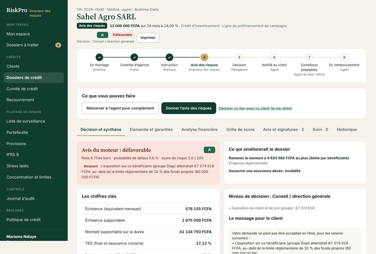 La fiche d’un dossier : fil d’Ariane, avis du moteur, motifs et recommandations